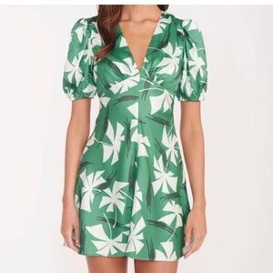 STAUD Tropical Green and White Mini Dress